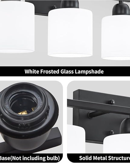 4-Light Black Bathroom Vanity Light, Light Fixtures with Milky White Frosted Glass Shades, Black Vanity Light for Bathroom Mirror, Bedroom, Living Room, Vanity Table, E26 Base