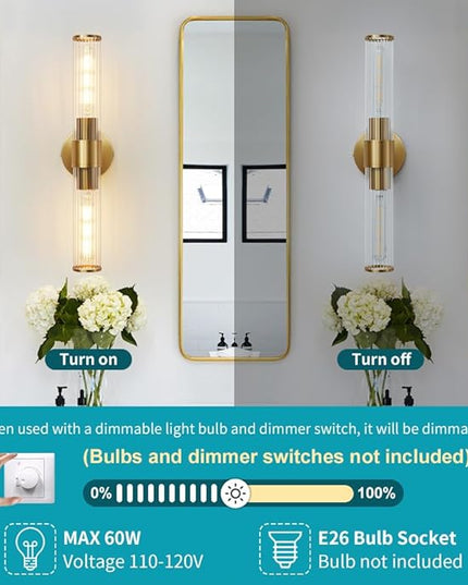 Bathroom Light Fixtures, Gold Wall Sconce in Threaded Glass Indoor Wall Sconces, Modern Bathroom Vanity Light Up and Down Sconces Wall Lighting for Living Room, Hallway - Bulb Not Included