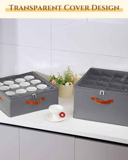 2 Pack Coffee Mug Storage Box with Dividers, Stackable China Storage Containers with Lid, Zipper, and Handles for 32 Mugs and Cups, Mug Storage Organizer for Packing & Moving, Gray