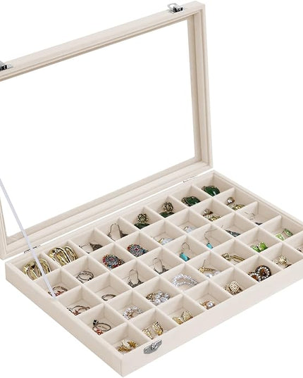 Stratalife Jewelry Organizer 40 Grid Jewelry Trays with Dust-proof Lid Velvet Earring Organizer Ring Holder Accessories Box Necklaces Earrings Storage for Women Drawers Cream