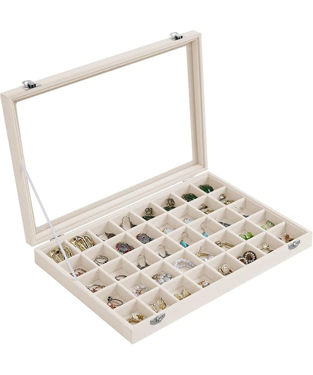 Stratalife Jewelry Organizer 40 Grid Jewelry Trays with Dust-proof Lid Velvet Earring Organizer Ring Holder Accessories Box Necklaces Earrings Storage for Women Drawers Cream
