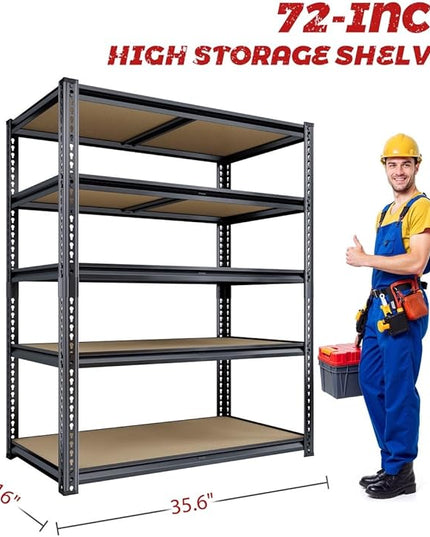 72" H Storage Shelves with Reinforced,2000LBS Garage Shelving,Adjustable Metal Shelving Unit,Garage Shelve Heavy Duty for Basement, Warehouse, Kitchen,35.6" W × 16" D × 72" H, Black