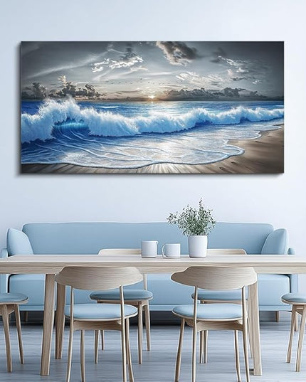PHAOHUAXM Large Canvas Wall Decor For Living Room Wall Art For Bedroom Office Dining room Decor Modern Black White And Blue Ocean Wave Painting Printed Artworks Wall Pictures Home Decor 24"X48"