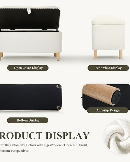 Ottoman with Storage, Storage Ottoman Bench, Entryway Bench, End of Bed Bench with Wood Legs for Bedroom, Living Room, Cream