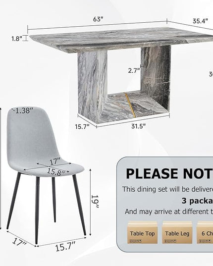 Dinner Table Set for 4, 5 Piece Dining Table Set with Chairs, 63" Faux Marble Modern Table with 4 Linen Fabric Chairs, for Kitchen & Dining Room