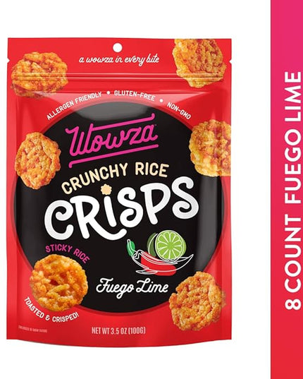 Wowza Fuego-Lime - Healthy Snacks, Mini Rice Cakes, Sticky Rice Crunchy Snack, Low Calorie, Savory Rice Crisp - Ideal Healthy Snack for Adults & Kids, 3.5 oz Bag, 8 Pack
