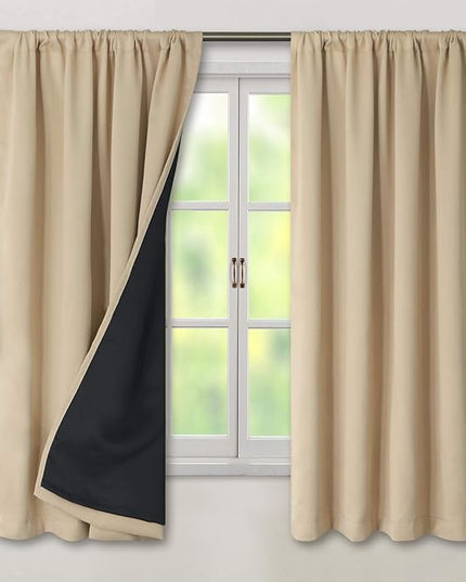 BGment Thermal Insulated 100% Blackout Curtains for Bedroom with Black Liner, Double Layer Full Room Darkening Noise Reducing Rod Pocket Curtain (52 x 63 Inch, Beige, 2 Panels)