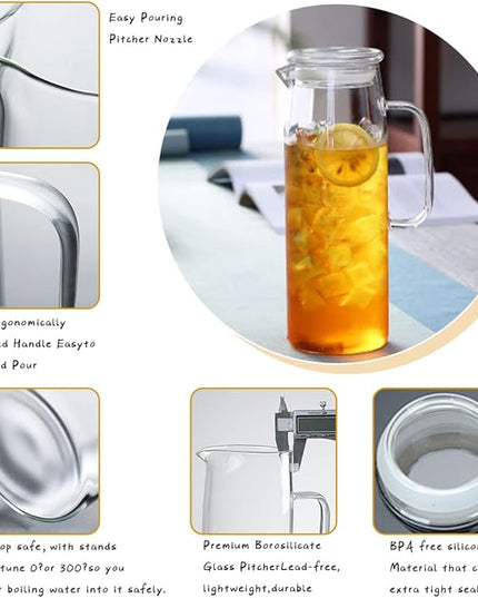 hjn Glass Pitcher with Lid Glass Water Carafe with Handle, Fridge Water Jug Cold or Hot Beverages, Iced Tea, Milk, Juice 1500ml/51oz & glass lid