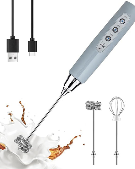 YUSWKO Handheld Milk Frother for Coffee, Rechargeable Drink Mixer with 3 Heads 3 Speeds Electric Whisk Coffee Frother For Latte, Cappuccino, Hot Chocolate, Egg - Cement Gray