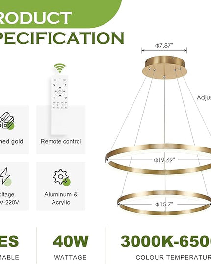 2-Rings Modern LED Chandelier Gold for Dining Room, Circular Flush Mount Ceiling Chandelier Light Dimmable Pendant Light with Remote Control for Living Room Entrance Foyer, 3000K-6500K