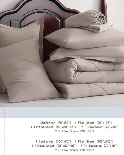 NTBAY Queen Comforter Set with Sheets, 7 Pieces Soft and Breathable Queen Bedding Set, Bed in a Bag, Down Alternative Comforter Set Solid Color All Season, Queen Bedding Set, Taupe