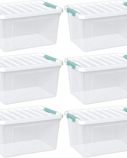 6 Packs 35 L Clear Plastic Latching Bins with Lids, Large Storage Tote Boxes
