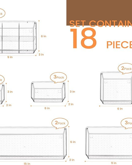 Criusia Drawer Organizer - 18 Pack Clear Large Kitchen Drawer Organization Trays, Non-Slip Dividers for Makeup, Jewelry, Utensils, Office, Bedroom, Bathroom