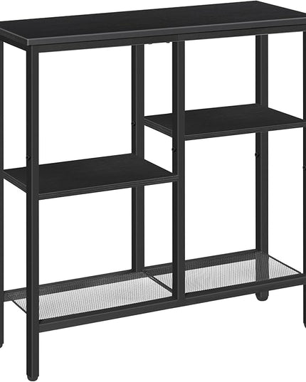 HOOBRO Narrow Console Table, Sofa Table, 4-Tier Industrial Entryway Table with Metal Mesh Shelf, Hallway Table with Adjustable Feet, for Entryway, Living Room, Hallway, Black BB79XG01