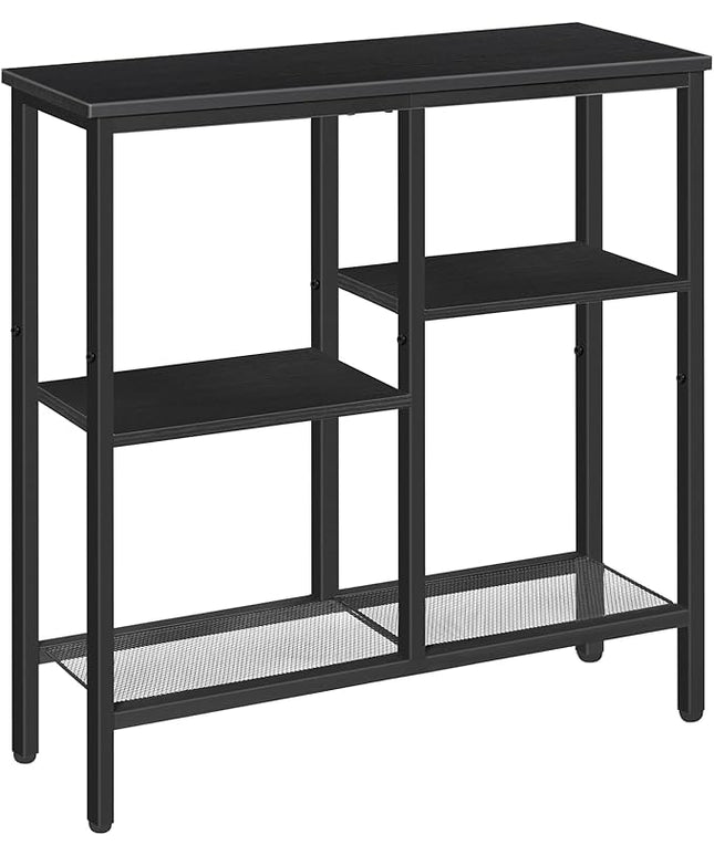 HOOBRO Narrow Console Table, Sofa Table, 4-Tier Industrial Entryway Table with Metal Mesh Shelf, Hallway Table with Adjustable Feet, for Entryway, Living Room, Hallway, Black BB79XG01