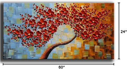 YaSheng Art - large size Red Flower Canvas Wall Art handpainted Contemporary Art Oil Painting On Canvas Texture Abstract 3D Tree Paintings Modern Home Decor Wall Art for living room Ready to hang 24x60inch