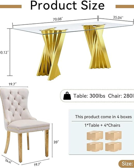 5 Piece Glass Dining Table Set,70" Dinner Room Glass Table Set for 4,Modern Kitchen Dinner Table Set with Stainless Steel Base and 4 Upholstered Velvet Dining Chairs for Living Dining Room