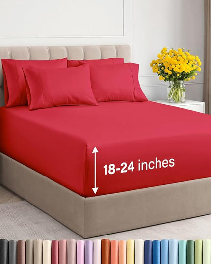 Extra Deep Full Sheet Set - 6 Piece Breathable and Cooling Sheets - Hotel Luxury Bed Sheets Set - Easy & Secure Fit - Soft, Wrinkle Free and Comfy Sheets Set - Red Sheet Set with Extra Deep Pockets