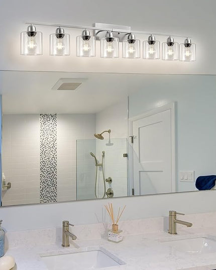 Modern Brushed Nickel 8 Light Bathroom Light Fixtures,52 inch Vanity Lights for Bathroom with Clear Glass for Mirror Kitchen Living Room Hallway Cabinet Porch