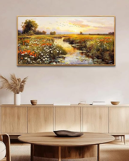PHAOHUAXM Canvas Wall Art For Living Room Wall Decor For Bedroom Watercolour Painting Office Decoration Countryside Sunrise Scenery Wall Picture Printing Artwork Home Decor Wood Framed 24x48 In