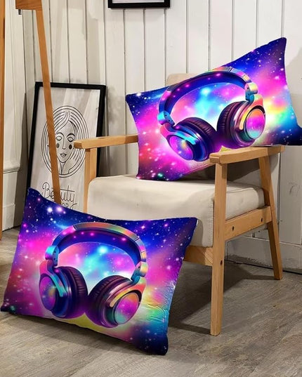 Galaxy Headphones Comforter Set Queen Purple Music Theme Bedding for Girls Kids Colorful Glitter Quilt 1 Comforter,2 Pillow Cases