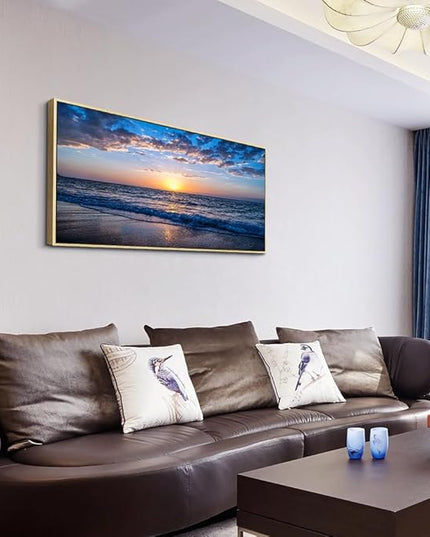 Natural Wood Framed Wall Decor Living Room Large Size Canvas Wall Art For Bedroom Office Wall Decorations Blue Sea Beach Pictures Artwork Sunny Ocean Painting Modern Room Home Decor 24" X 48"