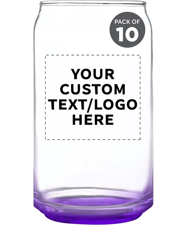 Custom Beer Can Glasses Set of 10, 16 oz. Pint Sized, Promotional Text, Logo, Soda Can Shape, Glassware, Purple