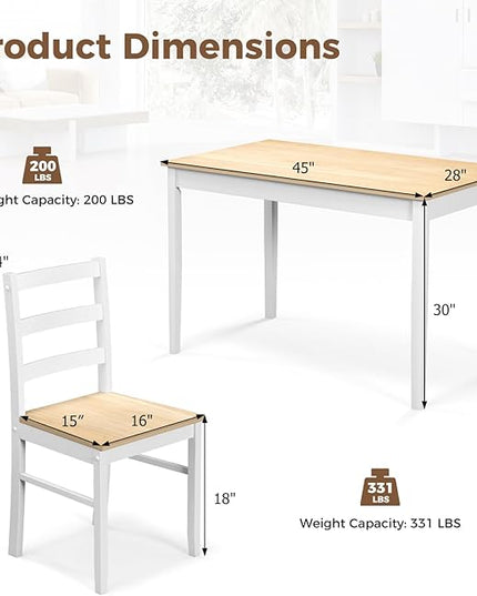Tangkula Dining Table Set for 4, Solid Wood, Farmhouse Dinette Set w/Rubber Wood Legs, Compact Dining Table and Chairs Set for Kitchen, Dining Room (Natural+White)