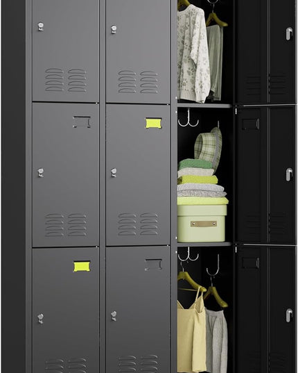 Aobabo New 9 Doors Metal Storage Locker for Employees, Lockable Steel Locker with Name Card Slot and 27 Hooks for School Office Gym Garage, Black, Assembly Required