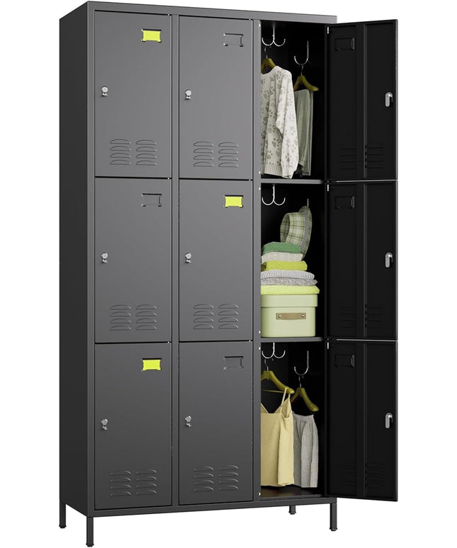 Aobabo New 9 Doors Metal Storage Locker for Employees, Lockable Steel Locker with Name Card Slot and 27 Hooks for School Office Gym Garage, Black, Assembly Required