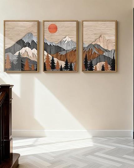 ANHUIB Mountain Wall Art 16x24 Inch Large Forest Wall Decor Woodcut Pine Tree Illustration Nature Wilderness Art Print Abstract Landscape Painting Set of 3 for Living Room Bedroom Office