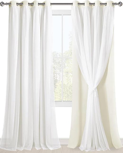 Hiasan Mix & Match Ivory Blackout Curtains with Sheer, Thermal Insulated Privacy Double Layer Grommet Window Curtains for Bedroom, Living Room, Nursery, 2 Drape Panels with Tiebacks, 52W X 96L