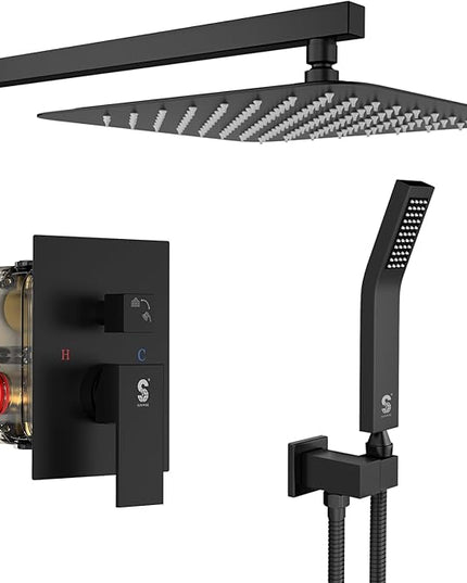 SR SUN RISE 12 Inches Matte Black Shower System 12 Inch Brass Bathroom Luxury Rain Mixer Shower Combo Set Wall Mounted Rainfall Shower Head System Shower Faucet Rough-in Valve Body and Trim Included