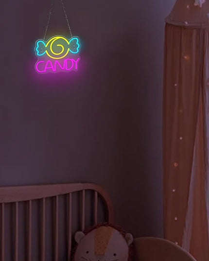 Neon Sign for Wall Decor, Lights for Workshop, Business Signs - Suitable for Man Cave Bar Pub Restaurant - 5V Power Adapter with Hanging Chain Hooks (CANDY)
