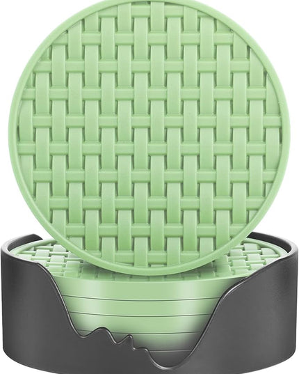 Green Silicone Coasters Set of 6 with Holder, 4 Inch Round Non-Slip Heat Resistant Waterproof Coaster, Decorative Cup Mats for Coffee Table, Home, Kitchen, Office, Bar