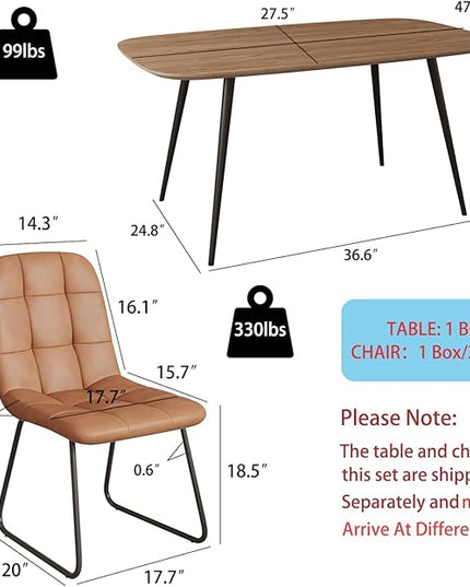 47.2'' Dining Table Set for 4,Modern Wood Dining Table,Leather Dining Chairs 4,Table and Chairs Set of 4,Ideal for Kitchen Dining Room (Walnut Color Table + 4 U-Shaped Brown Chairs, 47.2")