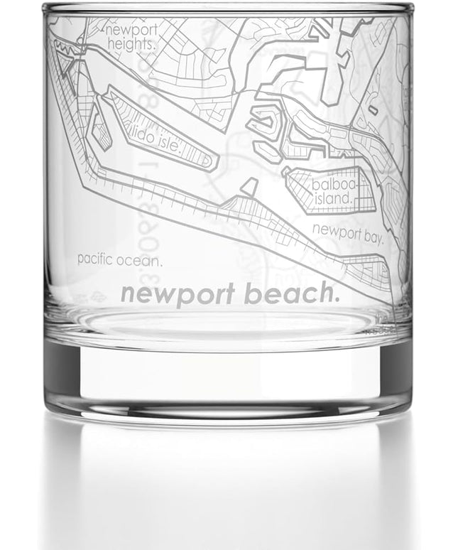 Well Told Engraved Newport Beach California Map Rocks Glass, Old Fashioned Glassware (11 oz, Clear) Etched Bourbon Tumbler, Gifts For Whiskey Lovers