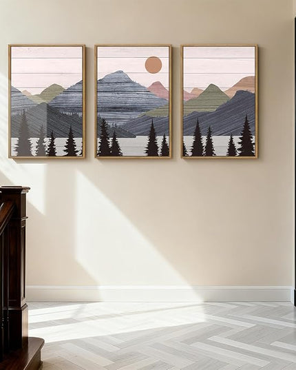 ANHUIB Mountain Framed Wall Art 16x24 Inch Large Nature Wilderness Art Print Abstract Landscape Painting Set of 3 for Living Room Bedroom Office