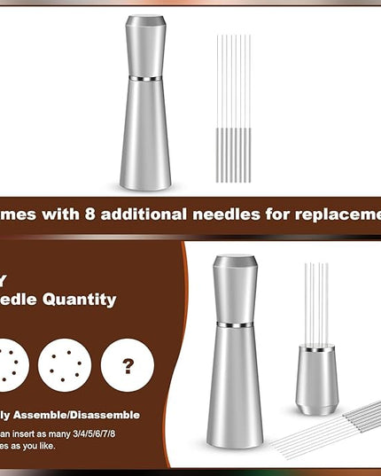 WDT Espresso Distribution Tool, 0.35mm 8 Needle Coffee Stirrer with 8 Extra Needles, 304 Stainless Steel, Aluminum Alloy Handle with Stand, Barista Espresso Whisk Tool (Metal Silver)