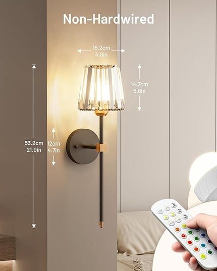 Crystal Battery Operated Wall Sconces Set of 2, Black and Gold Rechargeable Wireless Wall Lights with Crystal Lampshade, 12 RGB and 3CCT Dimmable Wall Lamps with Remote for Bedroom Living Room Hallway