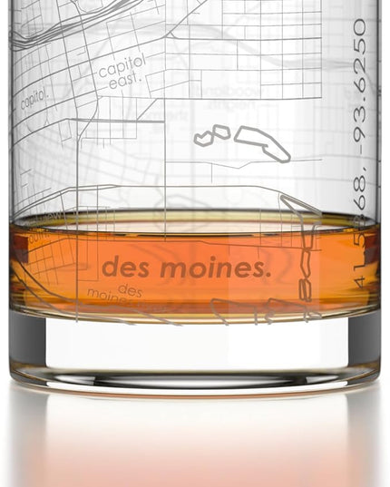 Well Told Engraved Des Moines Iowa Map Rocks Glass, Old Fashioned Glassware (11 oz, Clear) Etched Bourbon Tumbler, Gifts For Whiskey Lovers