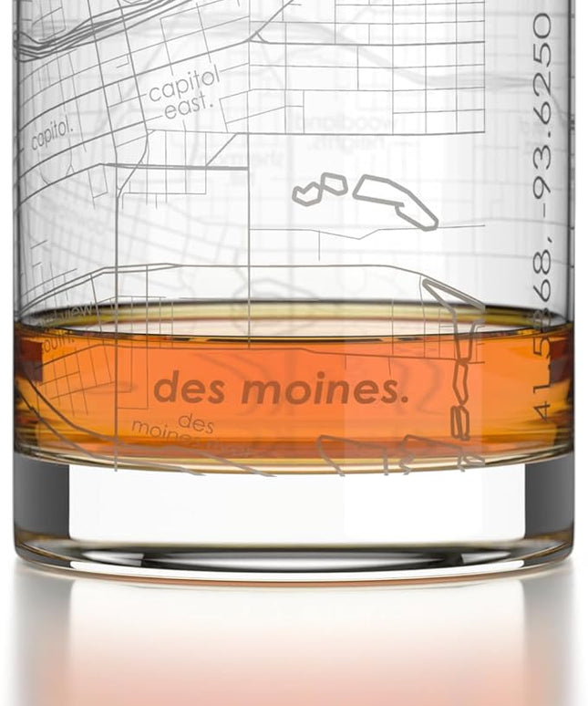 Well Told Engraved Des Moines Iowa Map Rocks Glass, Old Fashioned Glassware (11 oz, Clear) Etched Bourbon Tumbler, Gifts For Whiskey Lovers