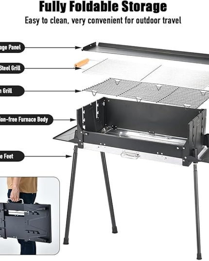 DYRABREST Barbecue Charcoal Grill 28" Large Folding Portable BBQ Grills Stainless Steel Outdoor Cooking Barbecue Grill Tool Kits Yakitori Grill for 8 People Patio Backyard Garden Camping Hiking