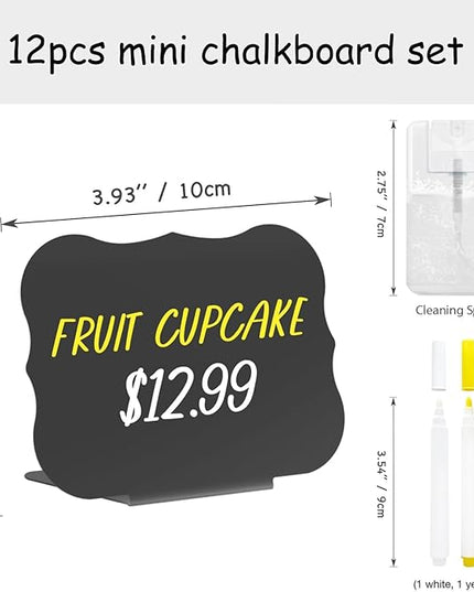 PigPotParty 12 Pcs Food Labels for Party Buffet w/Cleaning Spray, 4"x3" Mini Chalkboard Signs Include 2 Liquid Chalk Markers for Food Display - Food Tags- Table Palce Card (Waved Shape)