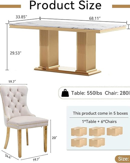 HomVent 68.11'' Rectangle Dining Table Set for 6, Modern Faux Marble Table Top & Stainless Steel Base (White with 6 Beige Chairs, 7 Pieces)