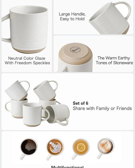 Kanwone Coffee Mugs 16oz, Stoneware Mugs Set, Ceramic Coffee Cups with Handle for Latte, Hot Tea, Cappuccino, Cocoa, Housewarming Wedding Gift, Microwave and Dishwasher Safe, Set of 6, Neutral White