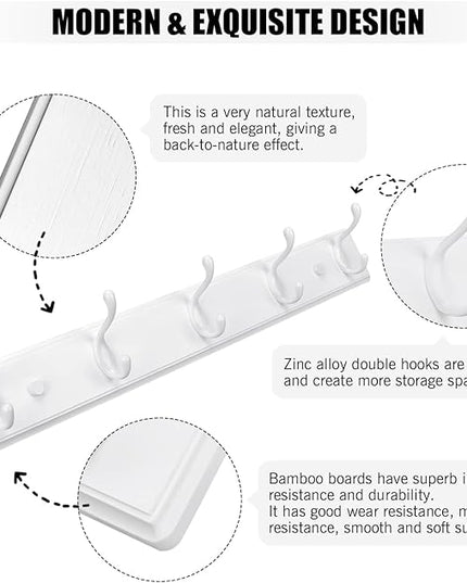 Wooden Coat Rack, Wall-Mounted Organizer for Closet, Entryway, Hallway, Foyer, Bedroom, Heavy Duty Double Hooks for Hanging Towels, Bags, Hats, Jackets, Key (White, 5 Hooks)
