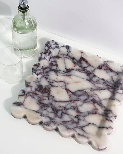 Natural 100% Marble Vanity Tray Luxury Scalloped Marble Storage Square Rectangle Tray for Home Decor Stone Tray for Bathroom Kitchen Candle Key (Square-9.8 * 9.8-Calacatta Viola)