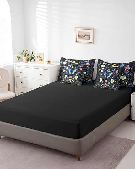 Feelyou 7Pcs Death Moth Comforter Sets Queen Size, Blue Butterfly Decor Moth Flower Garden Comforter Set Bed in a Bag(1 Comforter, 1 Flat Sheet 1 Fitted Sheet 2 Pillowcases and 2 Throw Pillow Covers)
