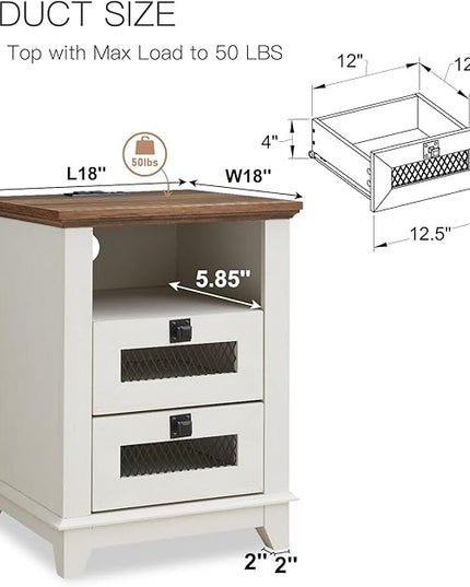 Nightstand with Charging Station,OKD 18'' Industrial & Farmhouse Square End Table w/ 2 Drawers & Open Cubby, Rustic Mesh Drawer Sofa Side Table w/Storage for Bedroom, Living Room Office, Antique White